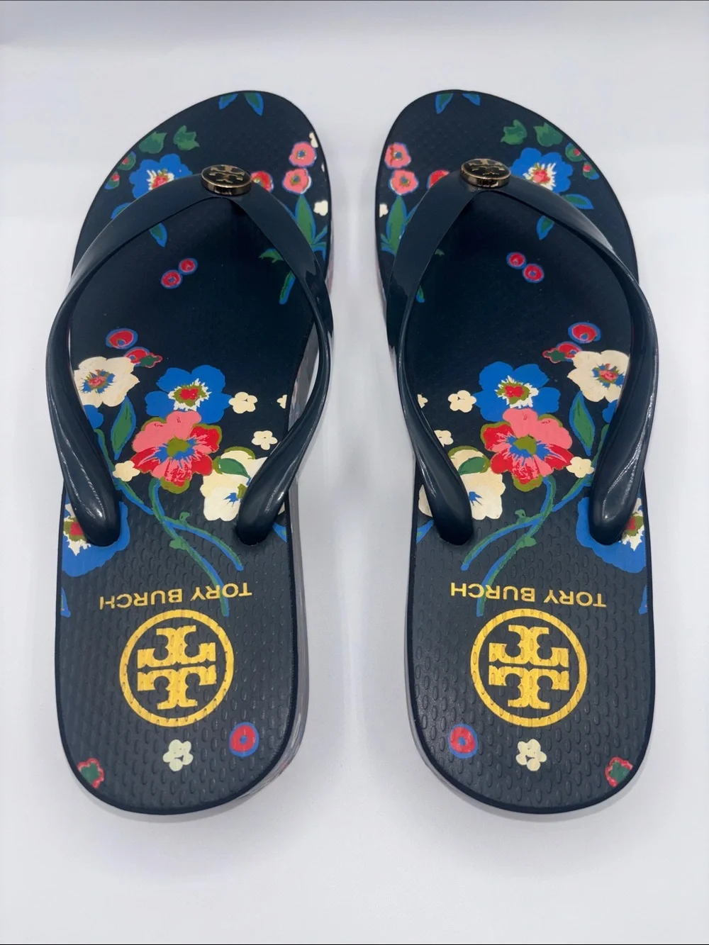 Tory Burch Navy Floral Logo Thong Sandals